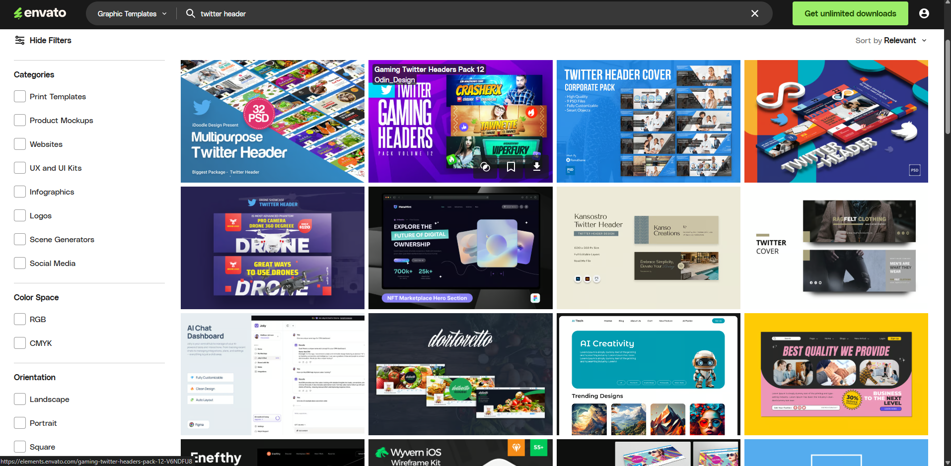 Interface of Envato - a good resource for Twitter header templates