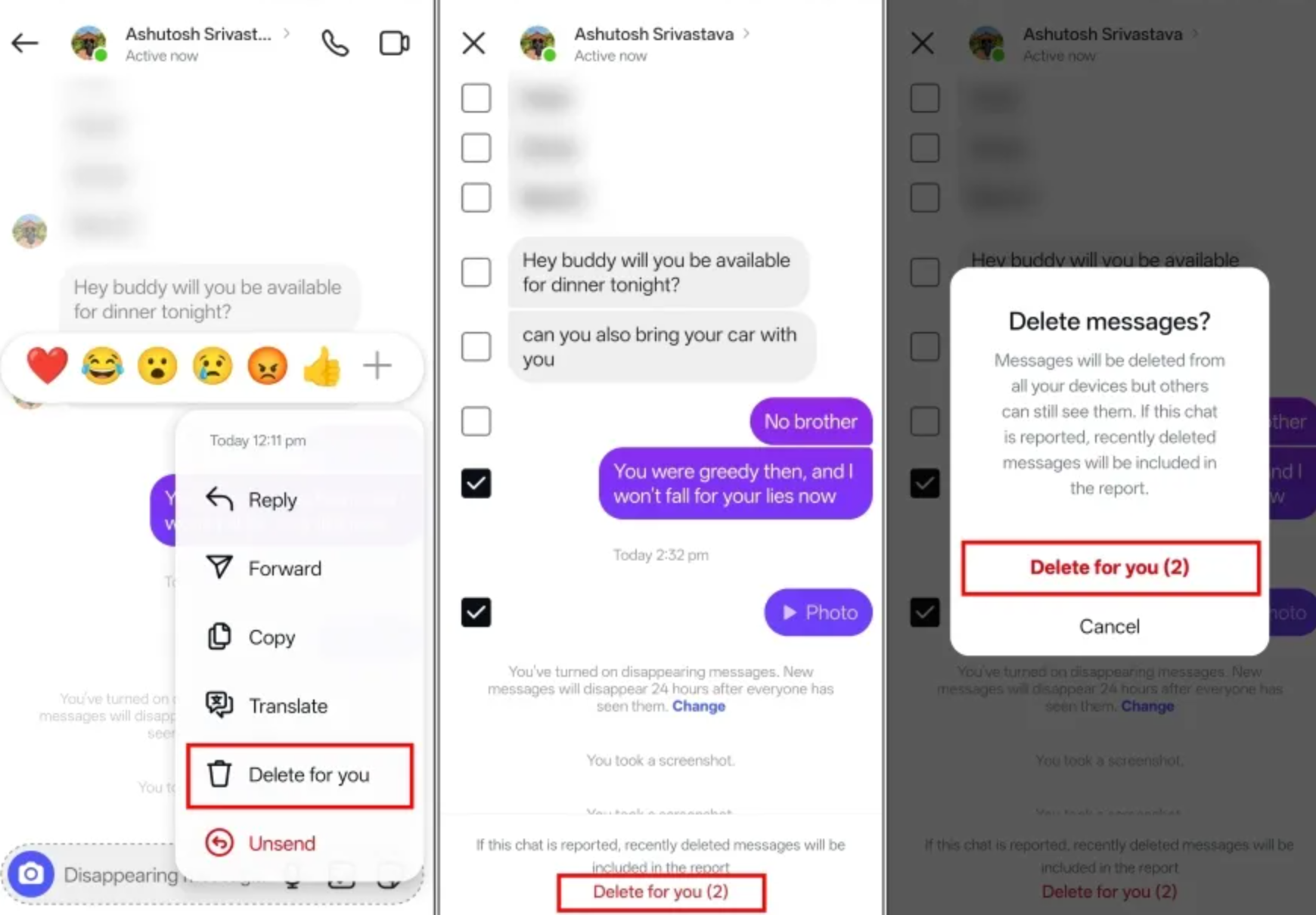 Showing how to delete messages on Instagram