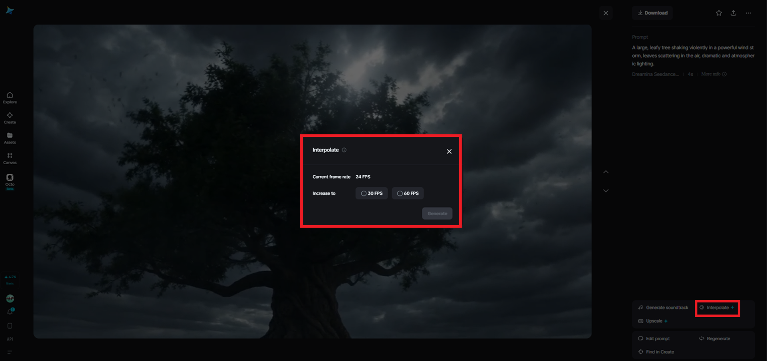 Interpolation feature in Dreamina