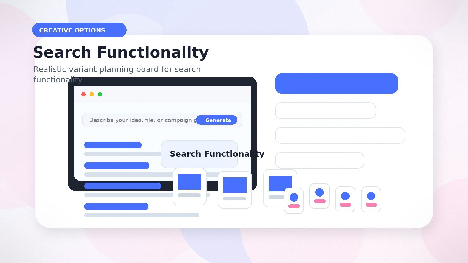 Search Functionality realistic creative options visual for search functionality