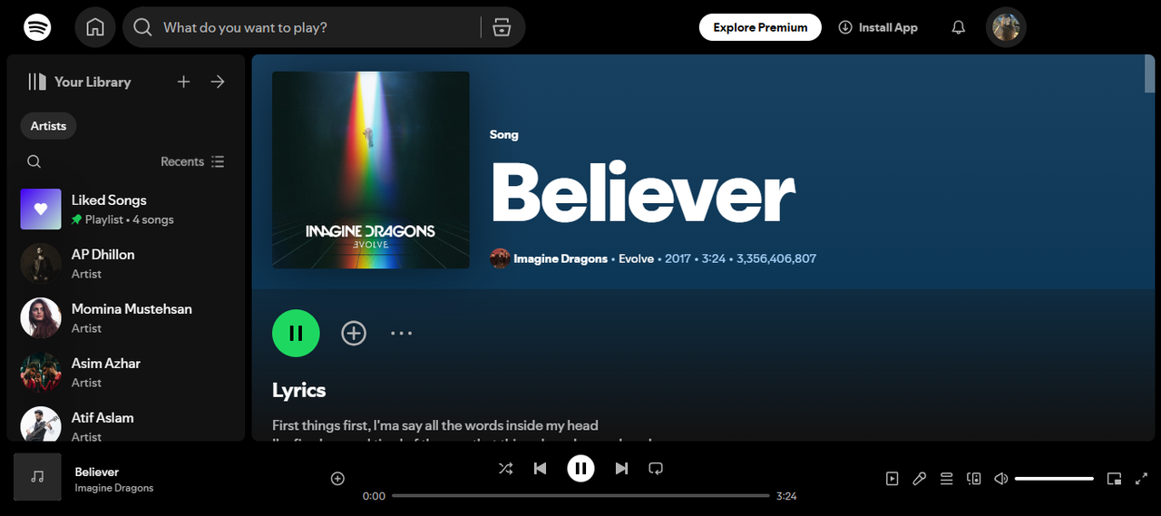 Believer de Imagine Dragons - a maioria das músicas tocadas no Spotify