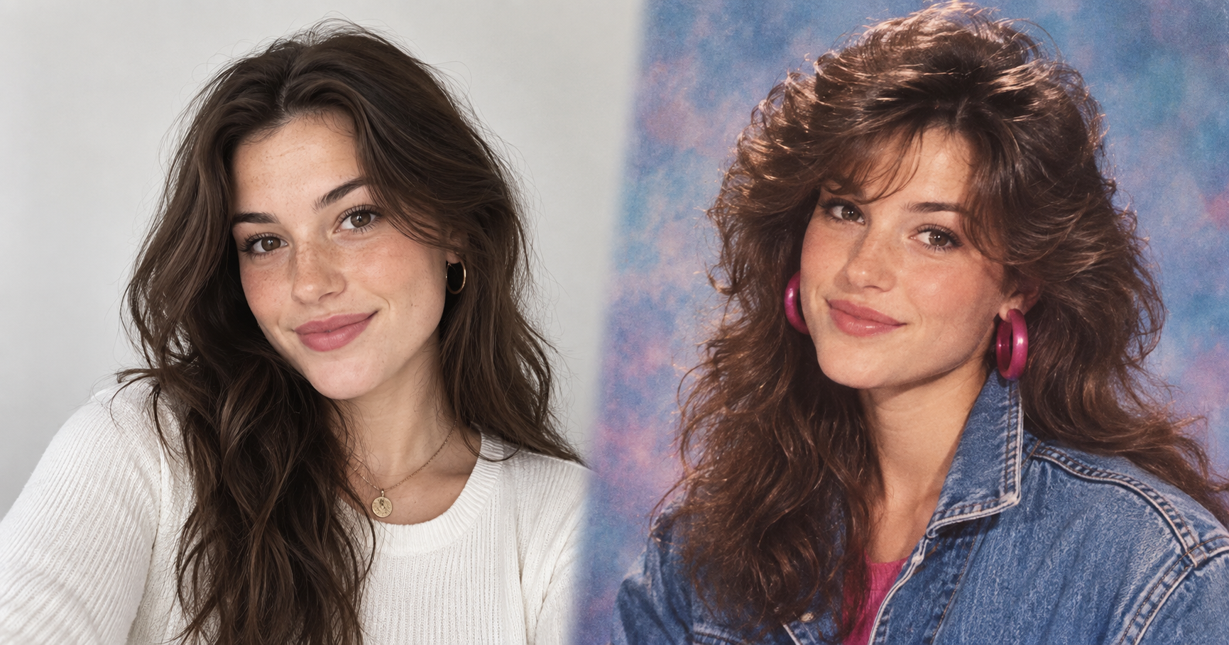 A split portrait showing a modern selfie transformed into a vivid 1980s yearbook look