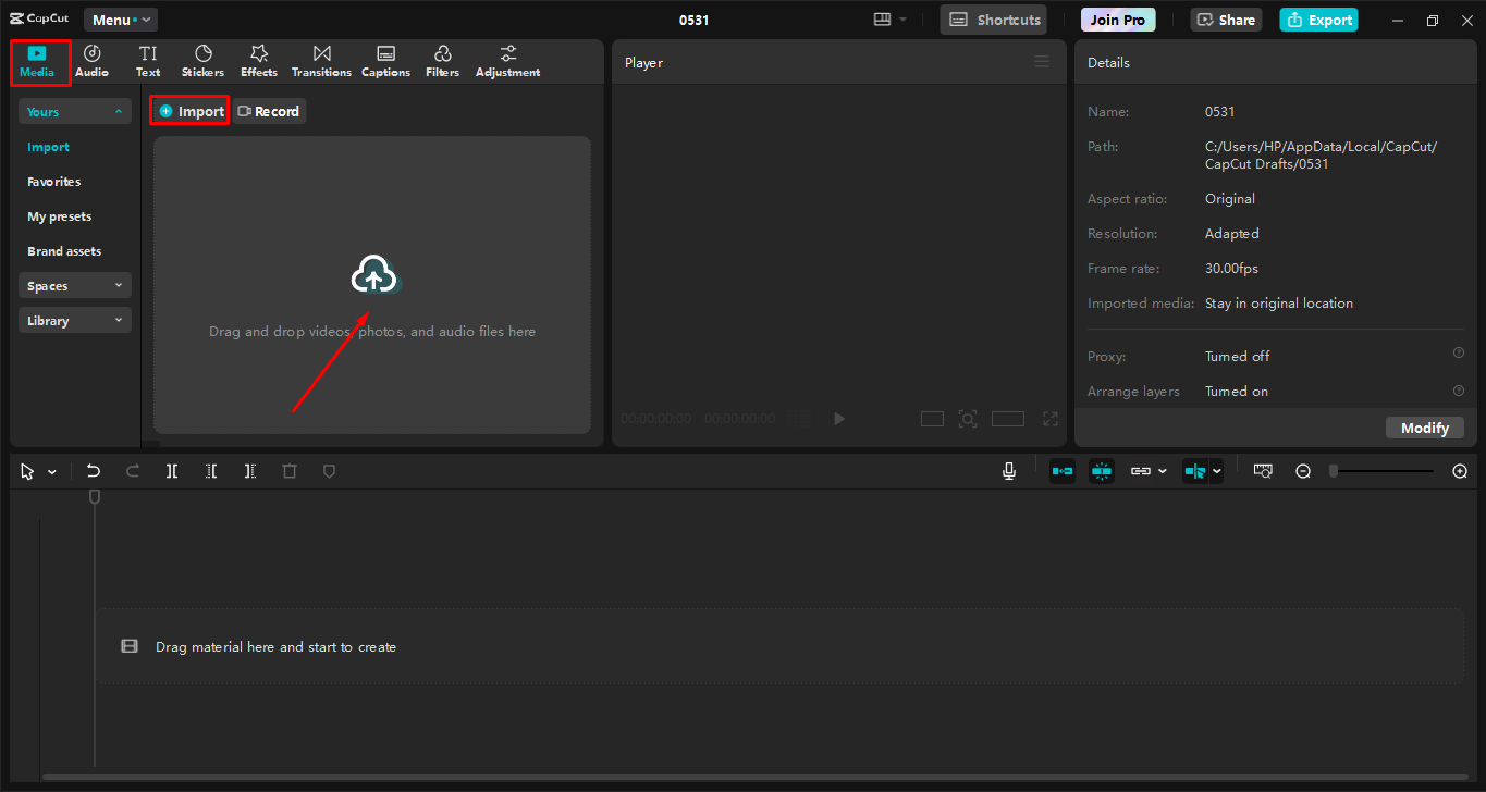 Importing an image in the CapCut desktop video editor