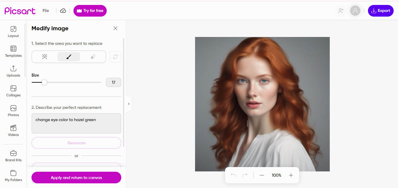 The interface of Picsart  - another best eye color changer editor