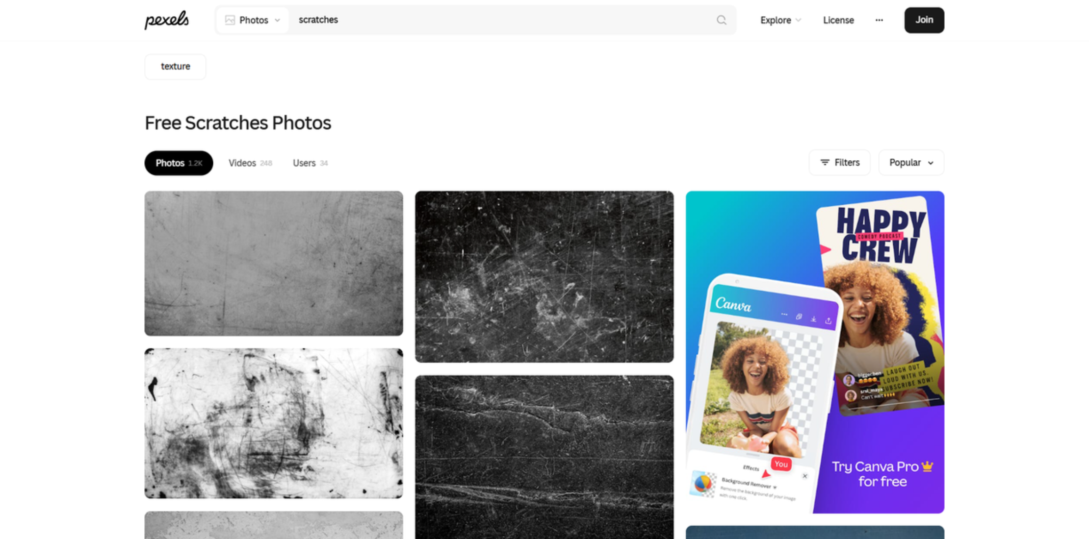 Interface of Pexels - a free website for film scratches overlays