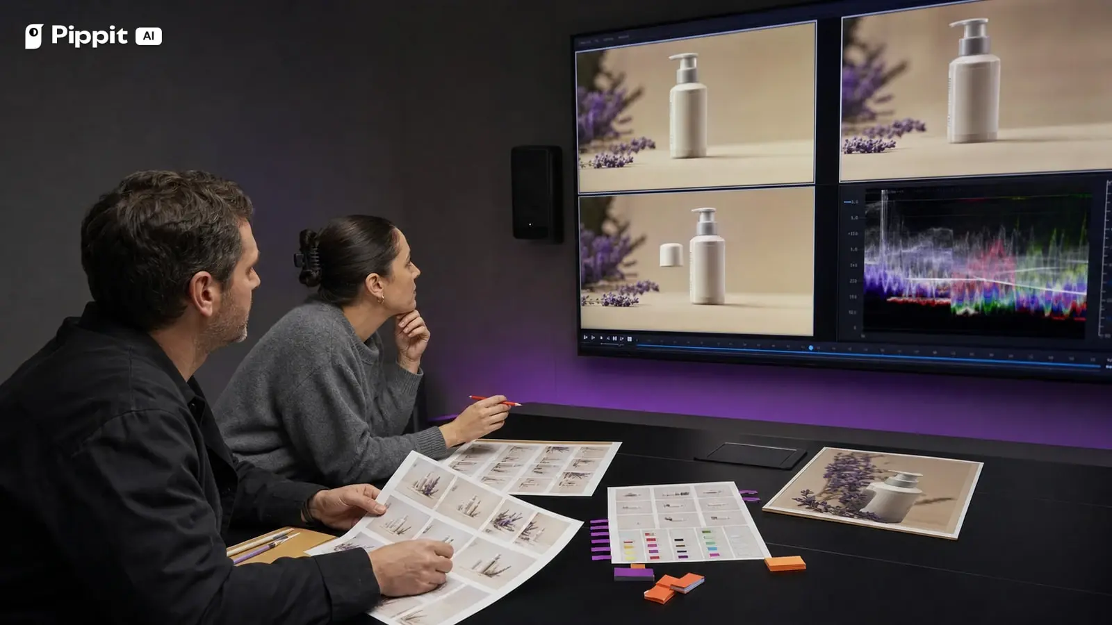 A campaign team conducts a realistic final brand safety review in an editing room.