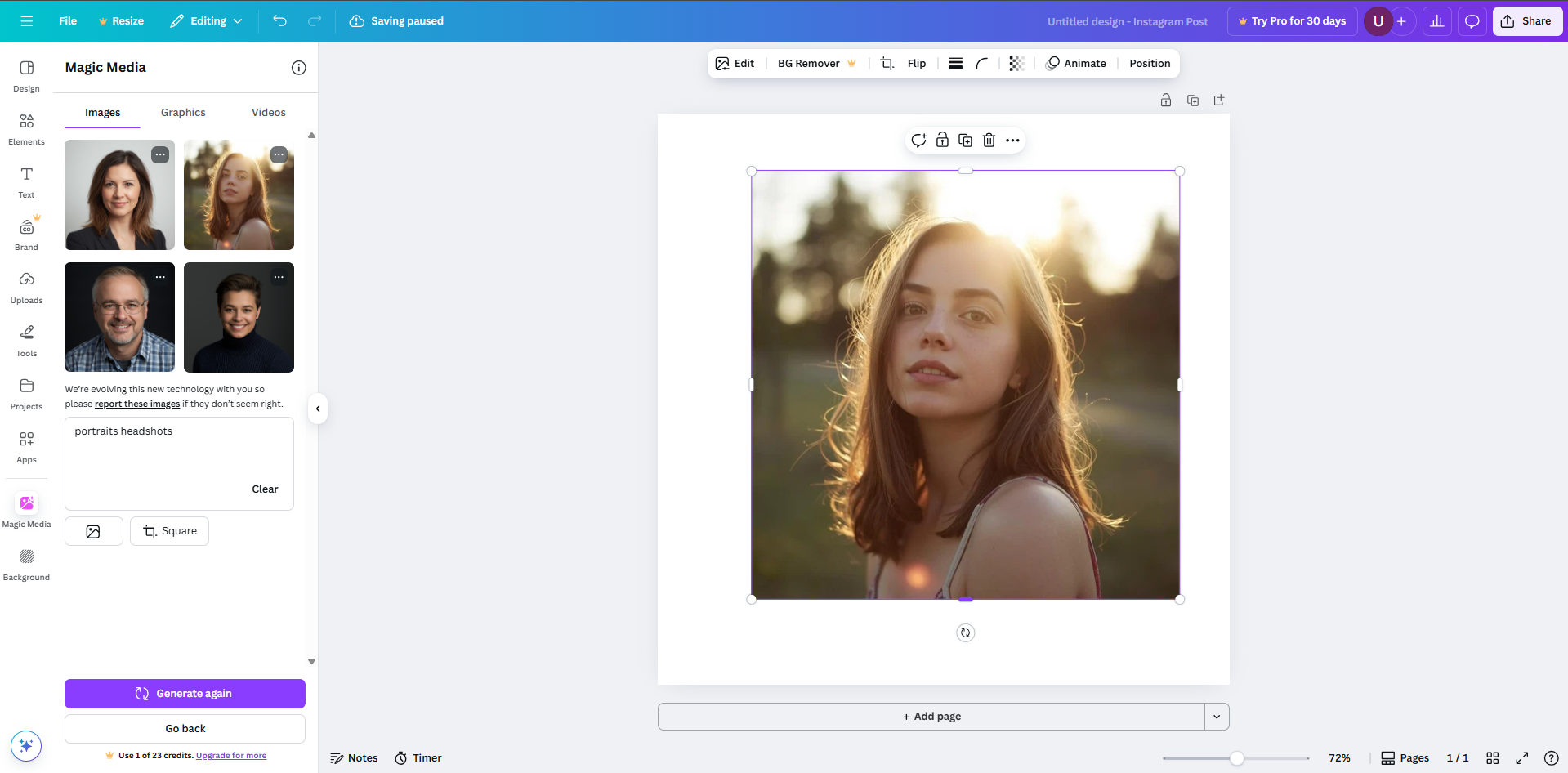 Редактор фотографій AI зображує знімки голови в Canva