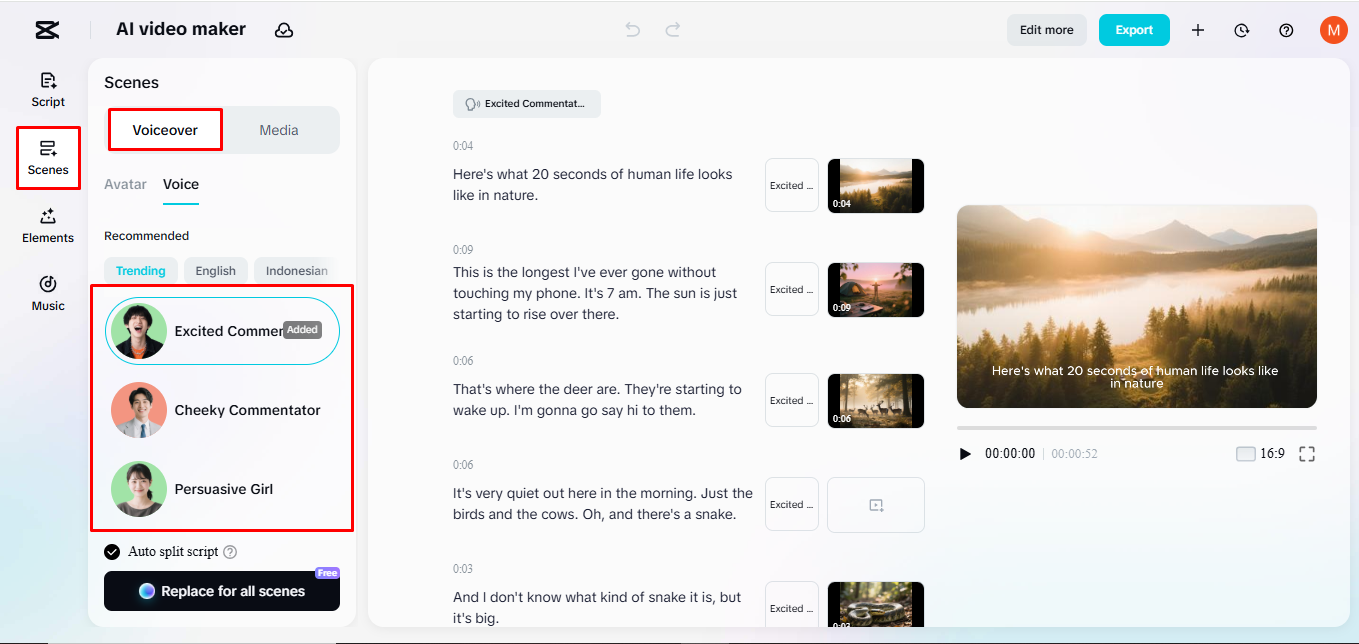Adding voice-over to video in CapCut's AI video maker