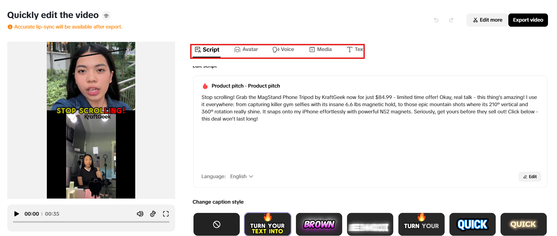 Modify script, avatar, voice, media and text