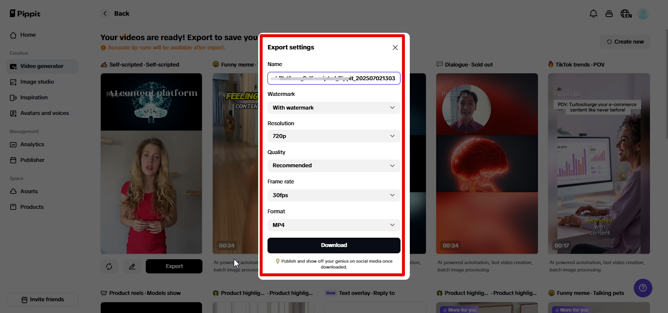Exporting video from Pippit