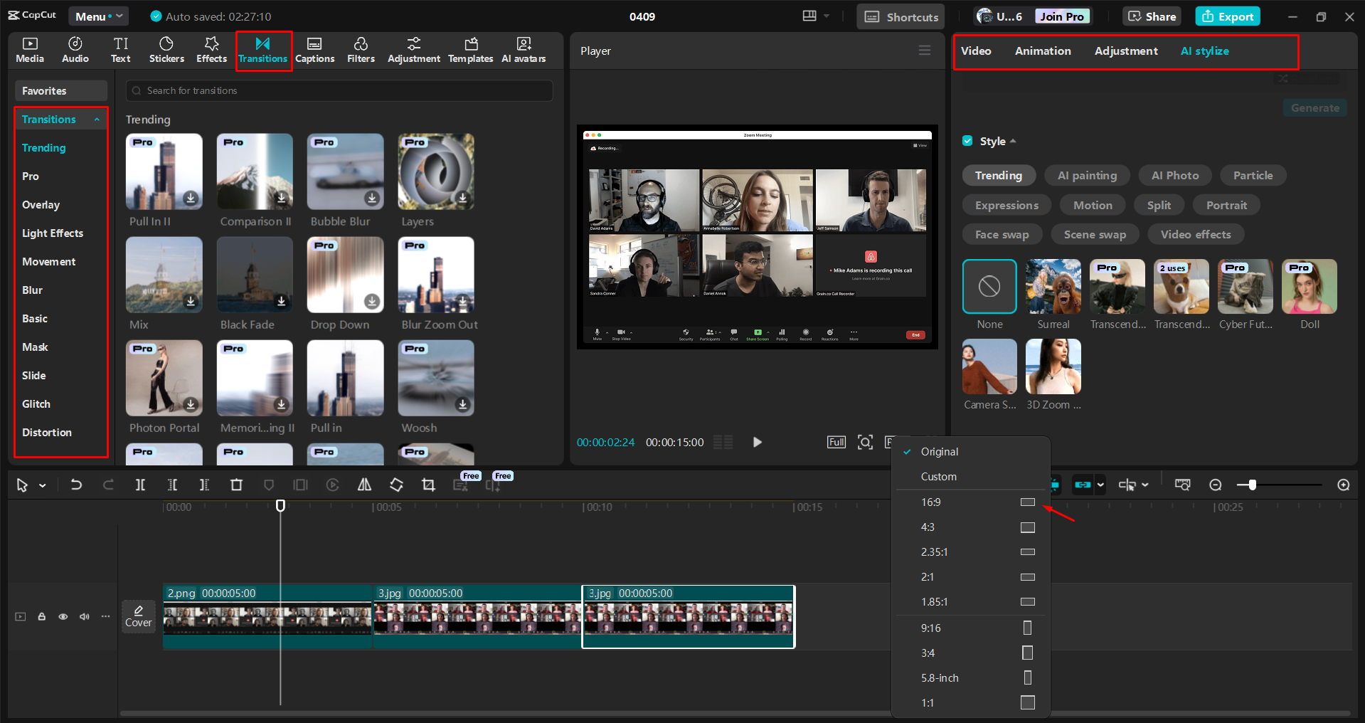 Enhancing visuals and adding captions to an HD Zoom video in the CapCut desktop video editor