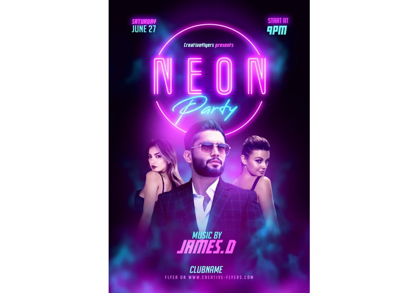 Neon club party flyer with DJ theme