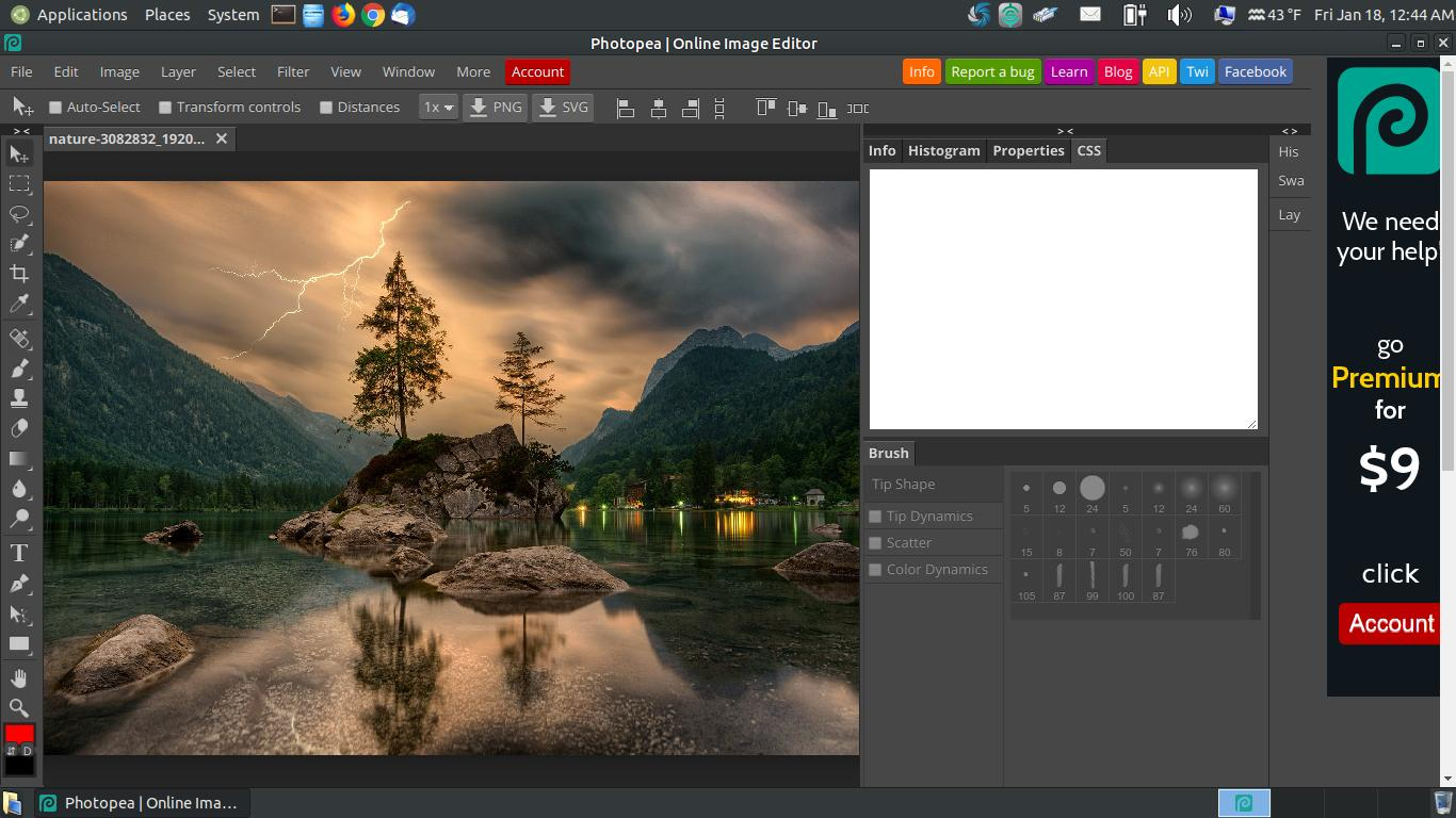 Interface of Photopea - an easy to use free online AI photo editor