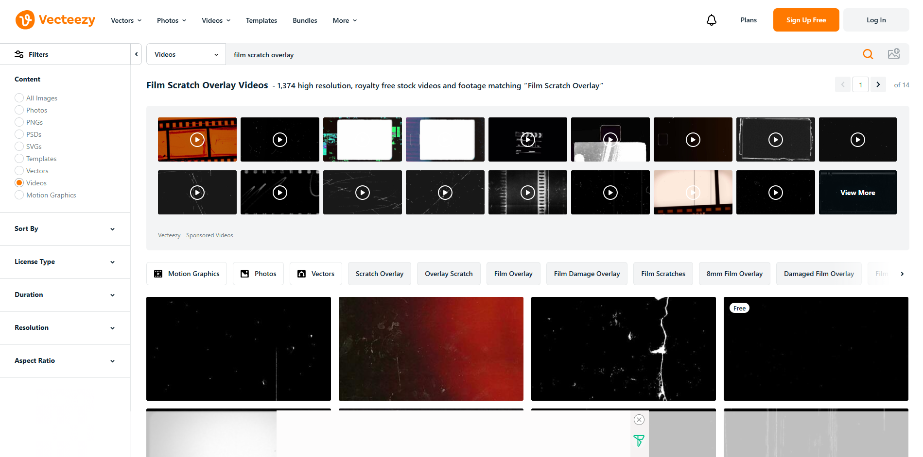 Interface of Vecteezy - user's favorite site for film scratches overlays