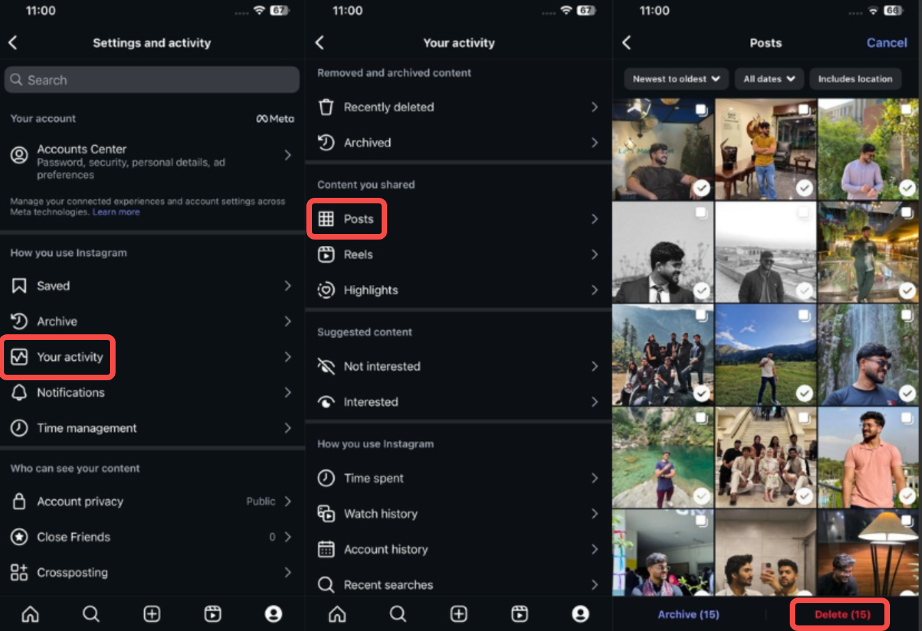 Deleting multiple posts on Instagram