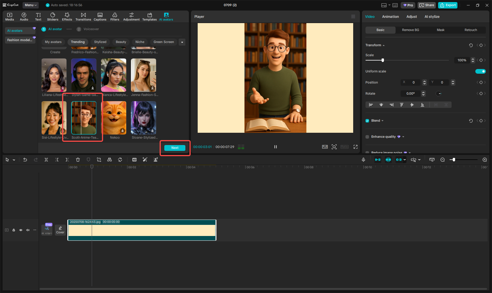 Select a cartoon avatar from AI avatars feature