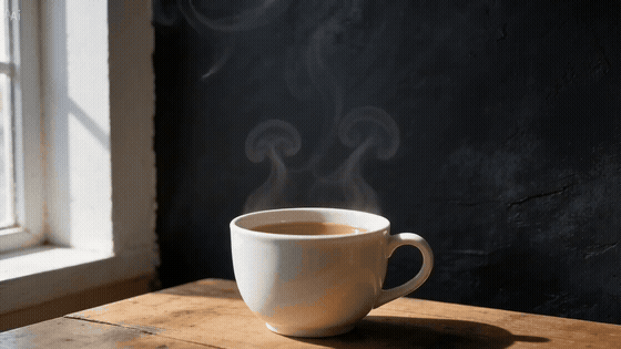 Steam rising from a white cup in front of a dark wall curls together into the handwritten words Good morning.