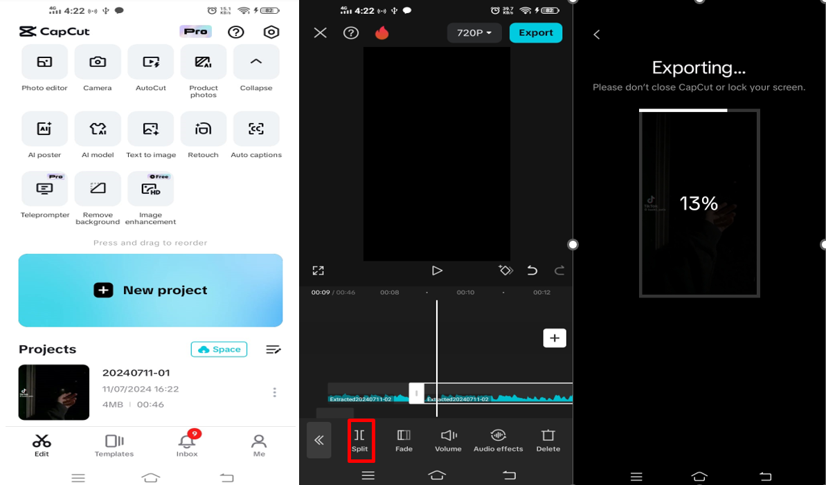 CapCut mobile editor showing an MP3 clip on the timeline with trimming controls available.