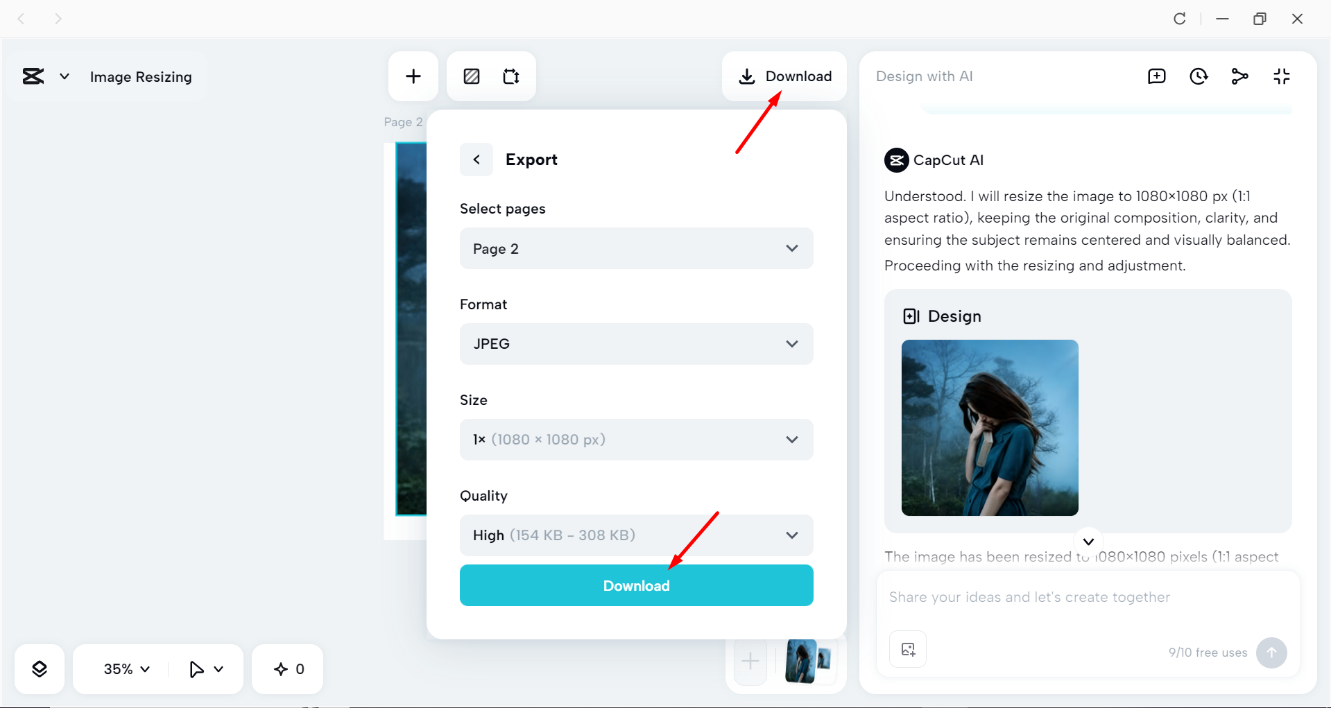 Exporting an image from the CapCut desktop video editor