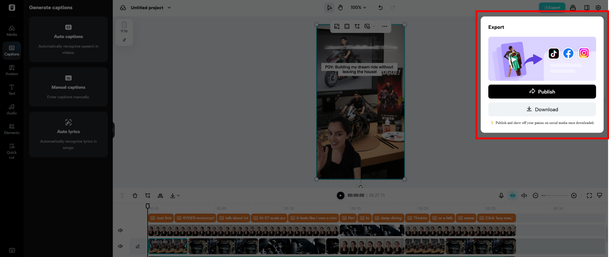 Publique ou baixe seu vídeo criado