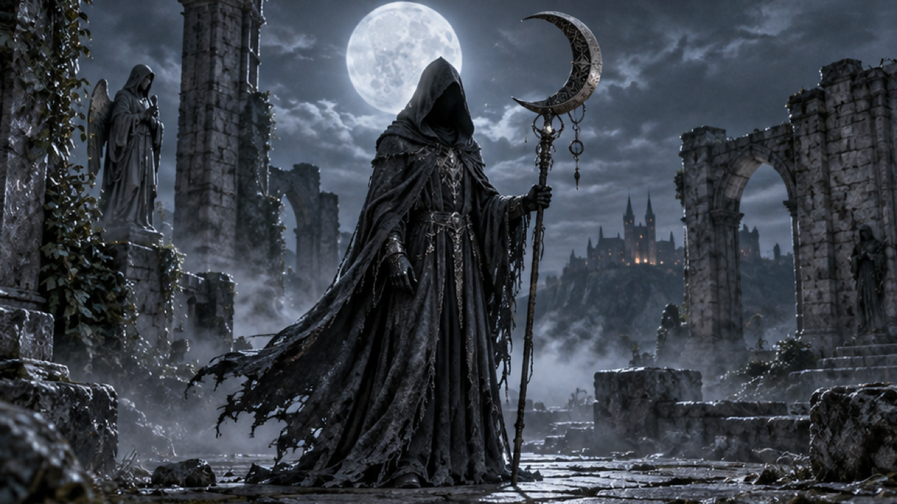 An original hooded reaper in a textured charcoal cloak holding a decorative crescent staff, moonlit ruined courtyard, silver mist, face hidden in hood