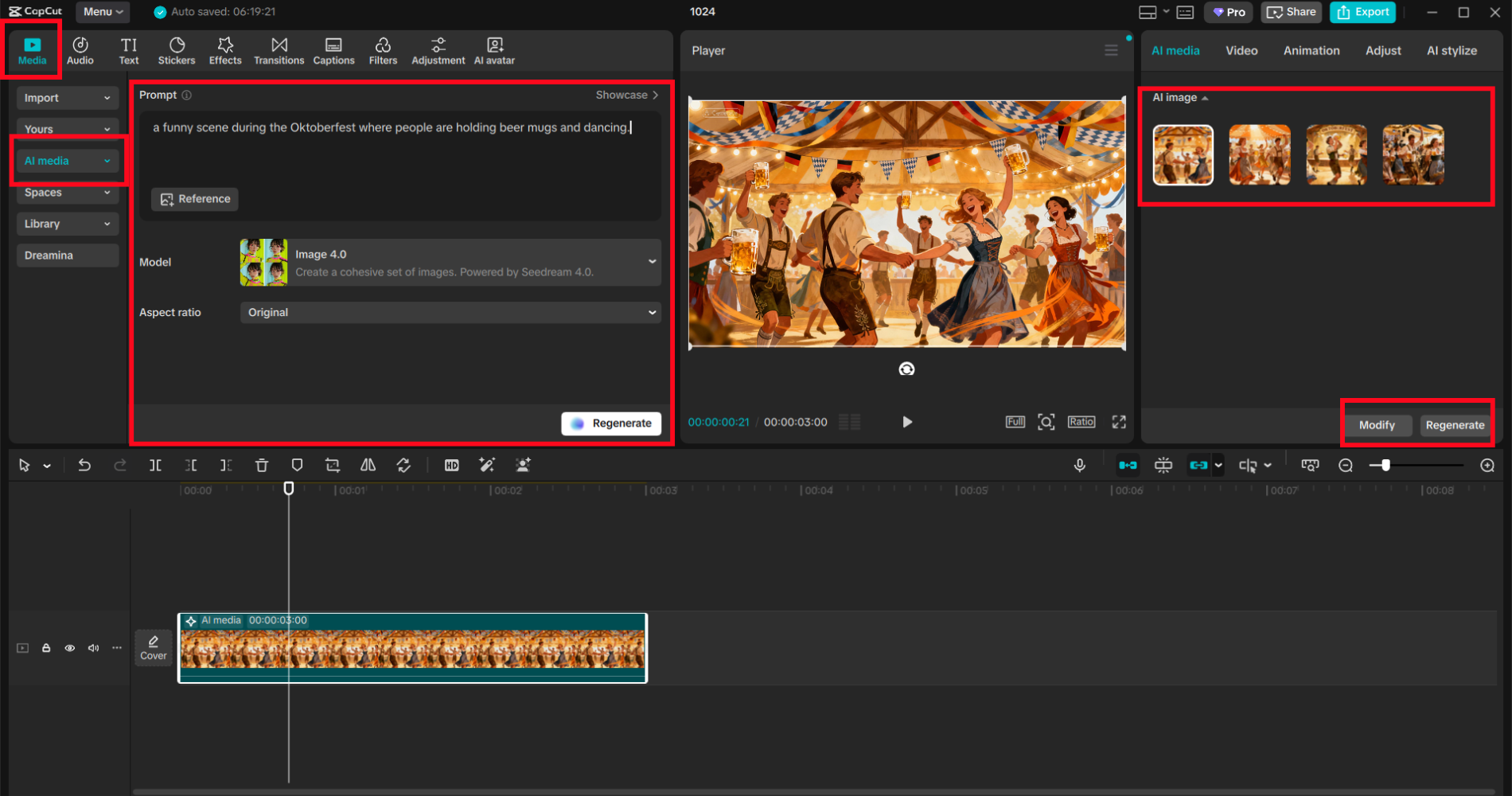 CapCut interface showing the AI media section where a prompt for generating images is entered