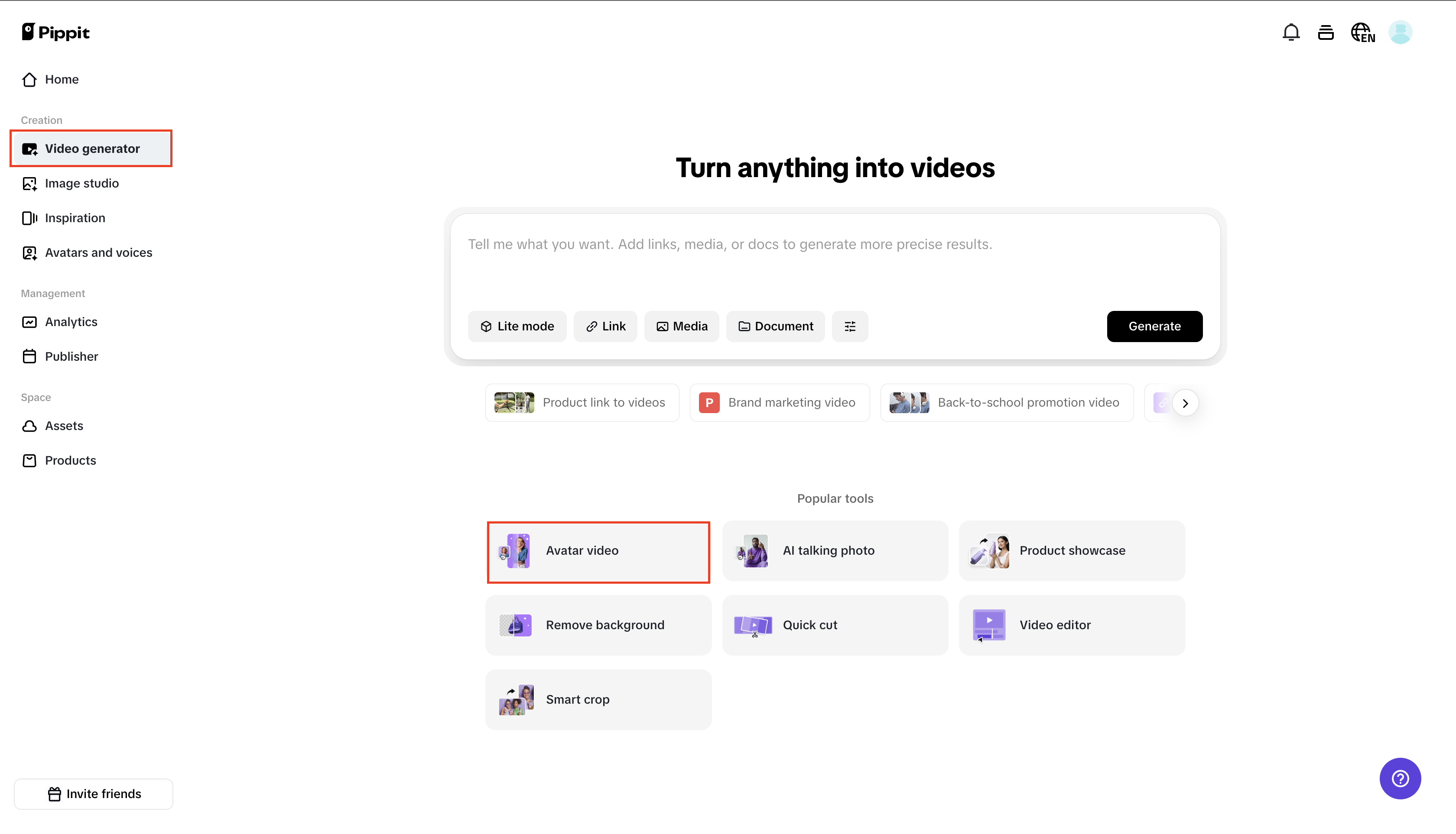 A web video-generator home page shows Avatar video selected among creation tools