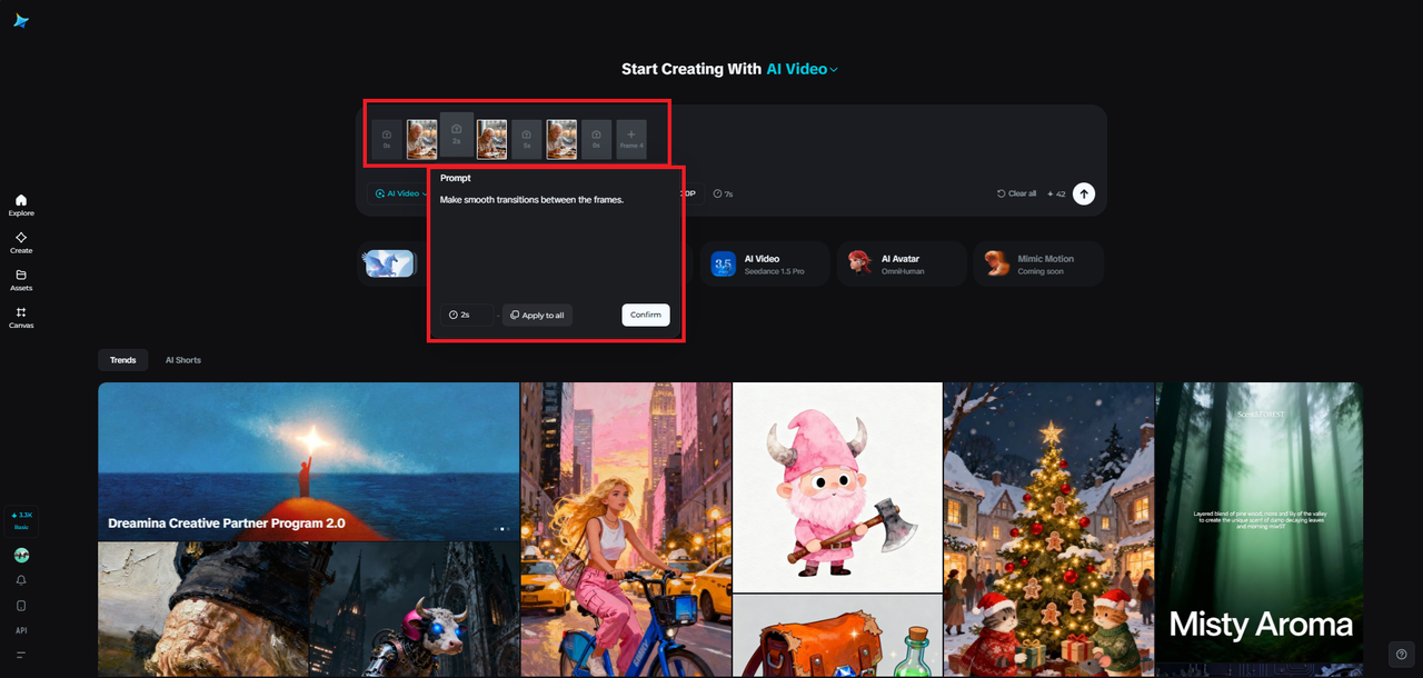 Multiframe feature in Dreamina