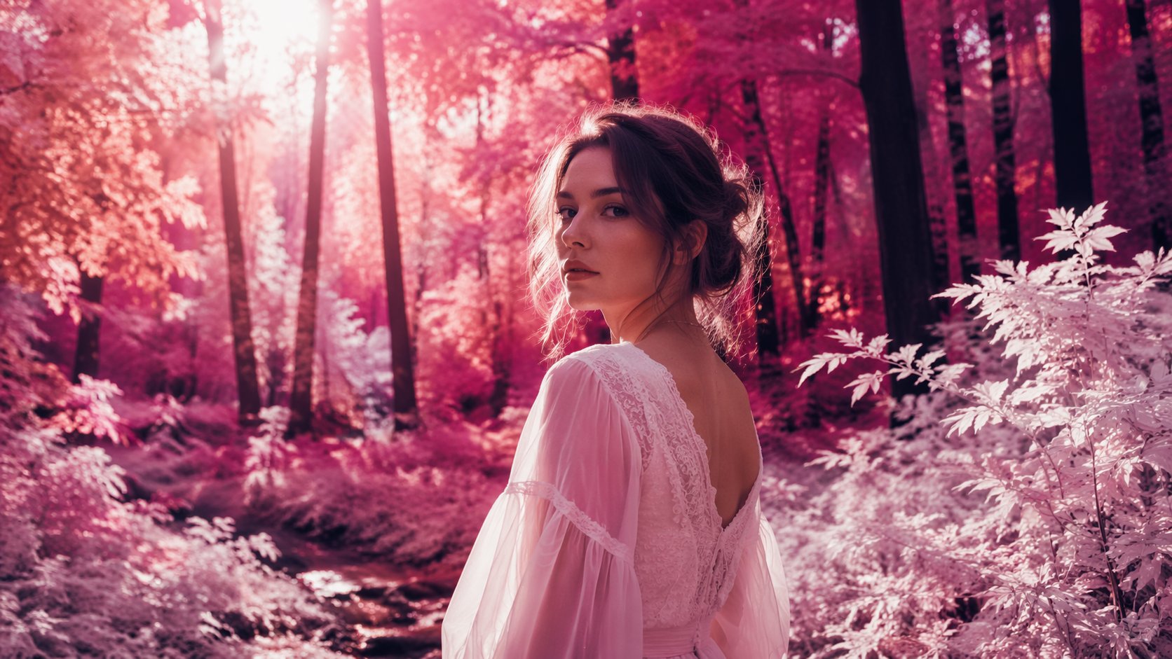 Dreamina Infrared Photo Filter podpowiedź przykład 1: Biały las liściowy