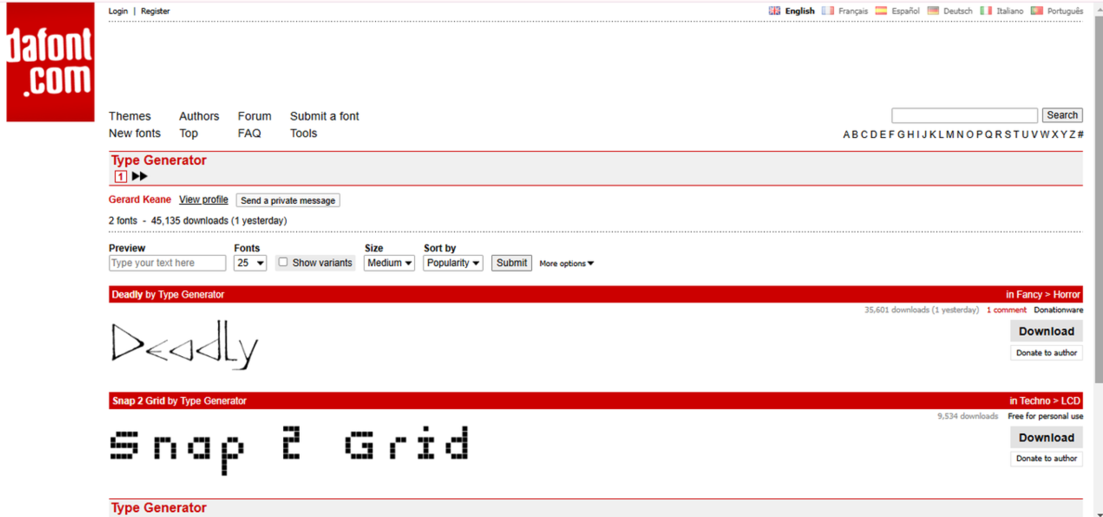 Interface of DaFont - the reliable tool to create fancy text writing