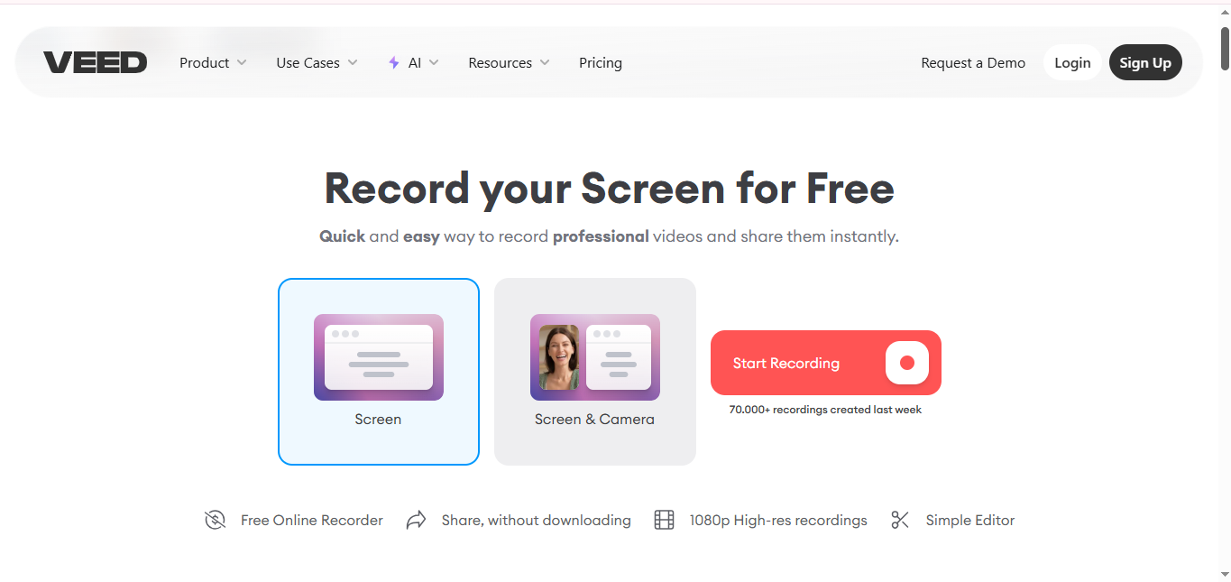 VEED- PC용 최고의 HD 화면 레코더 인터페이스