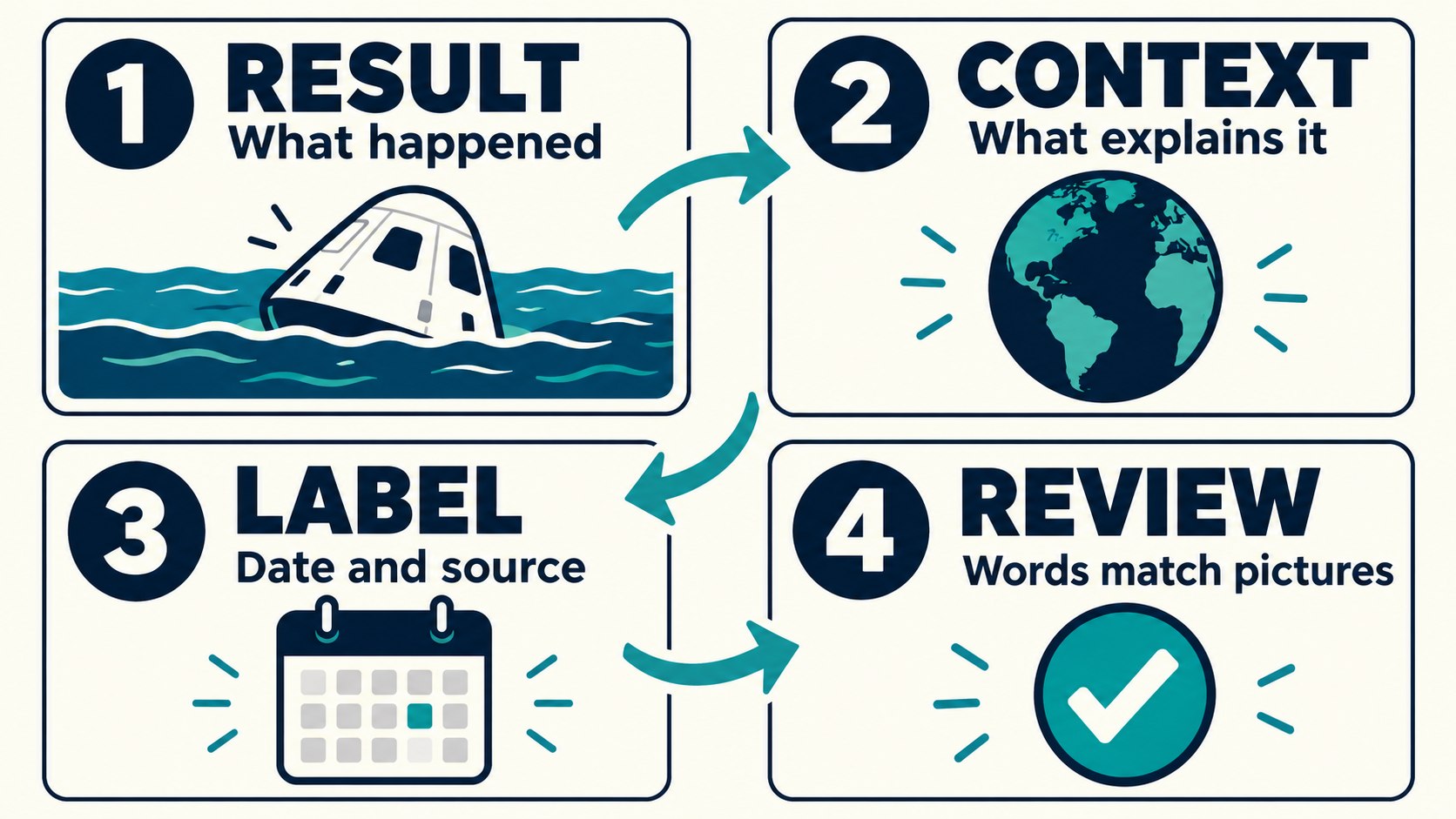 Plan the result and context then add date and source labels and review words against pictures