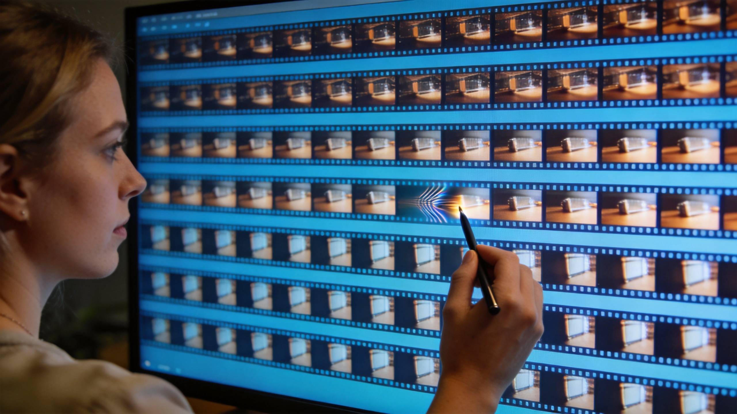 Woman editing a grid of video frames on a large screen with a stylus