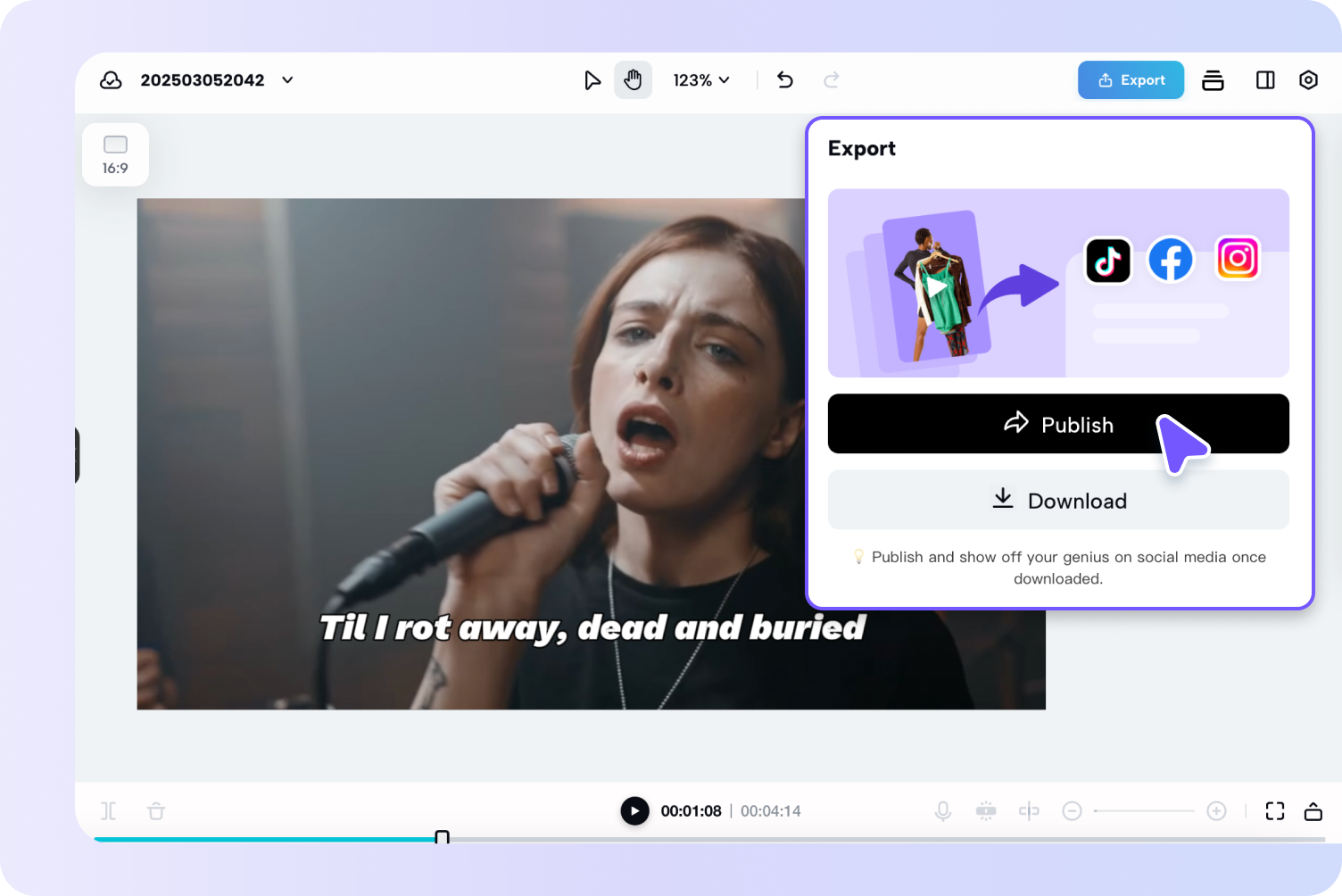 Generate auto lyrics and export your video