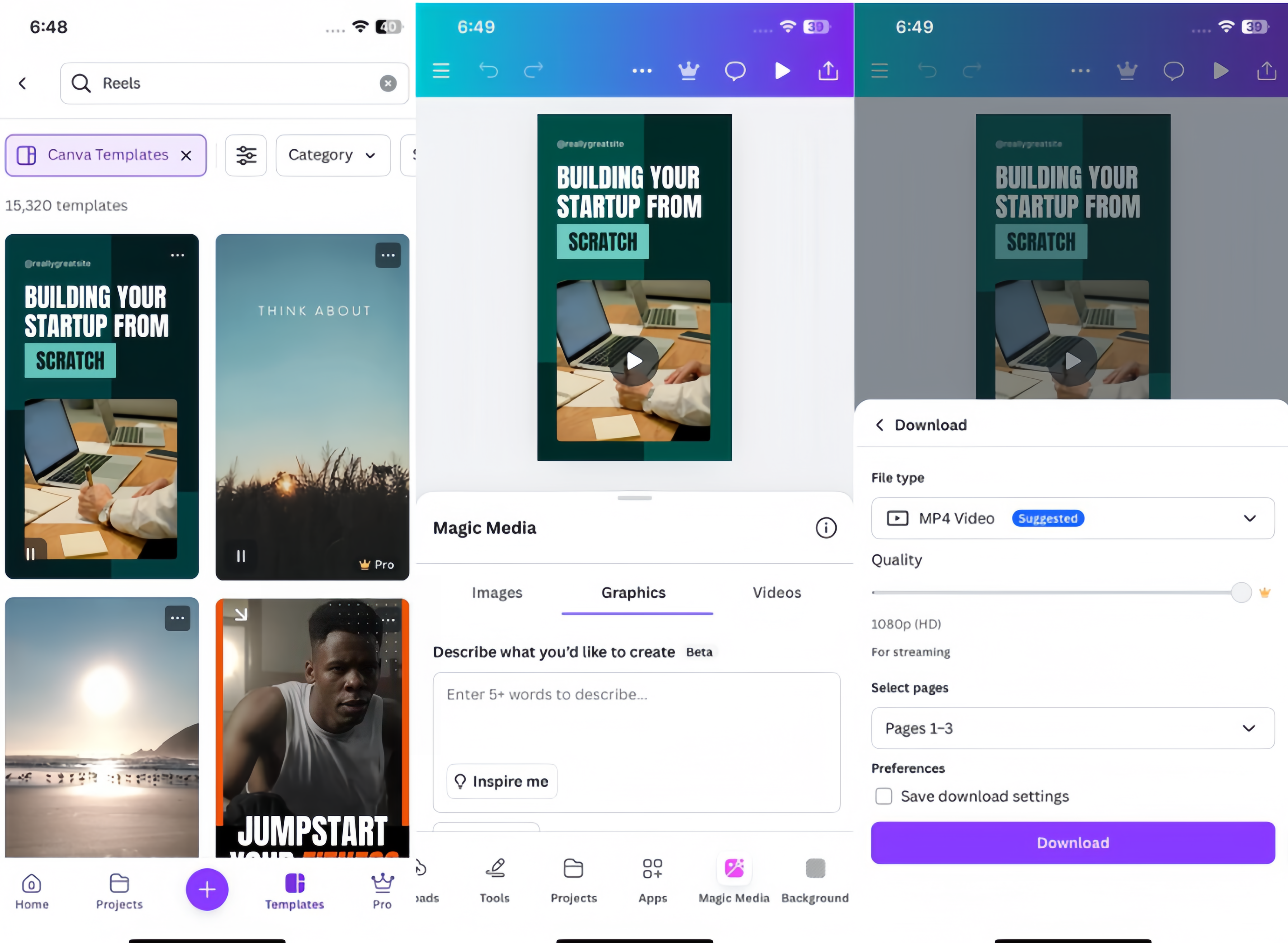 Interface de Canva - une application polyvalente de modèles de vidéos courtes.