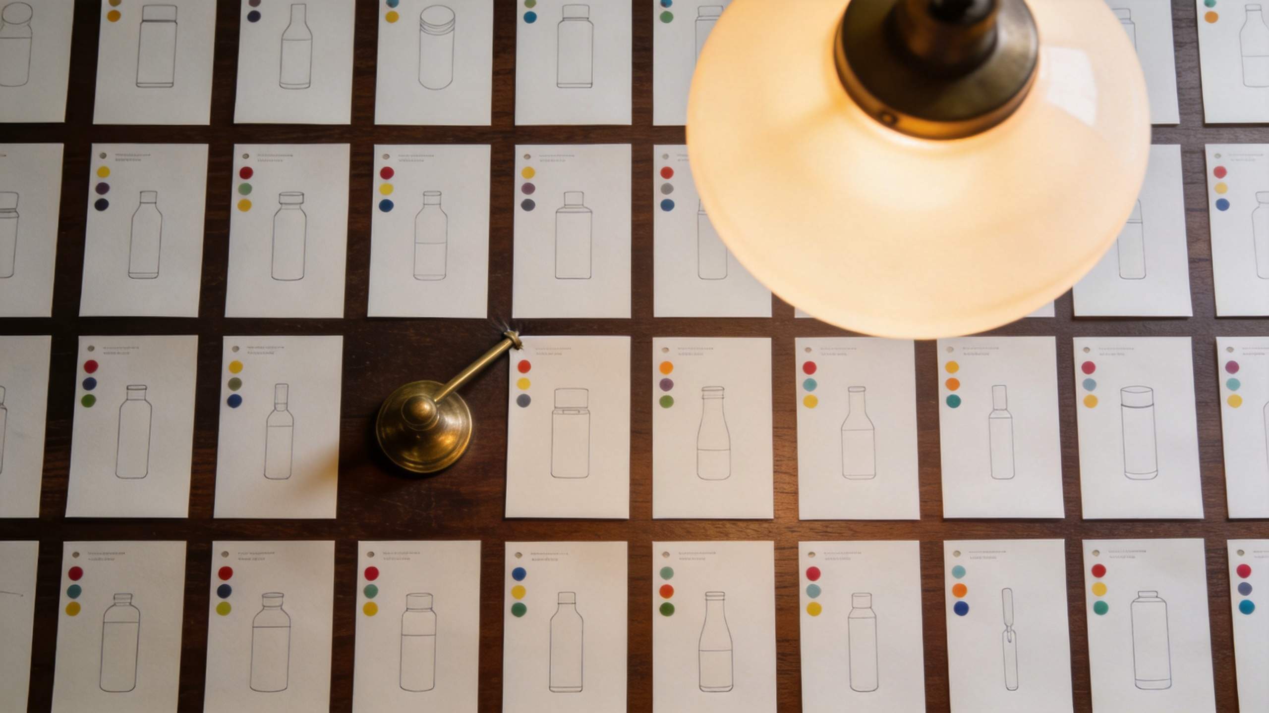 Rows of product bottle sketches on cards spread across a wooden table under warm lamp light