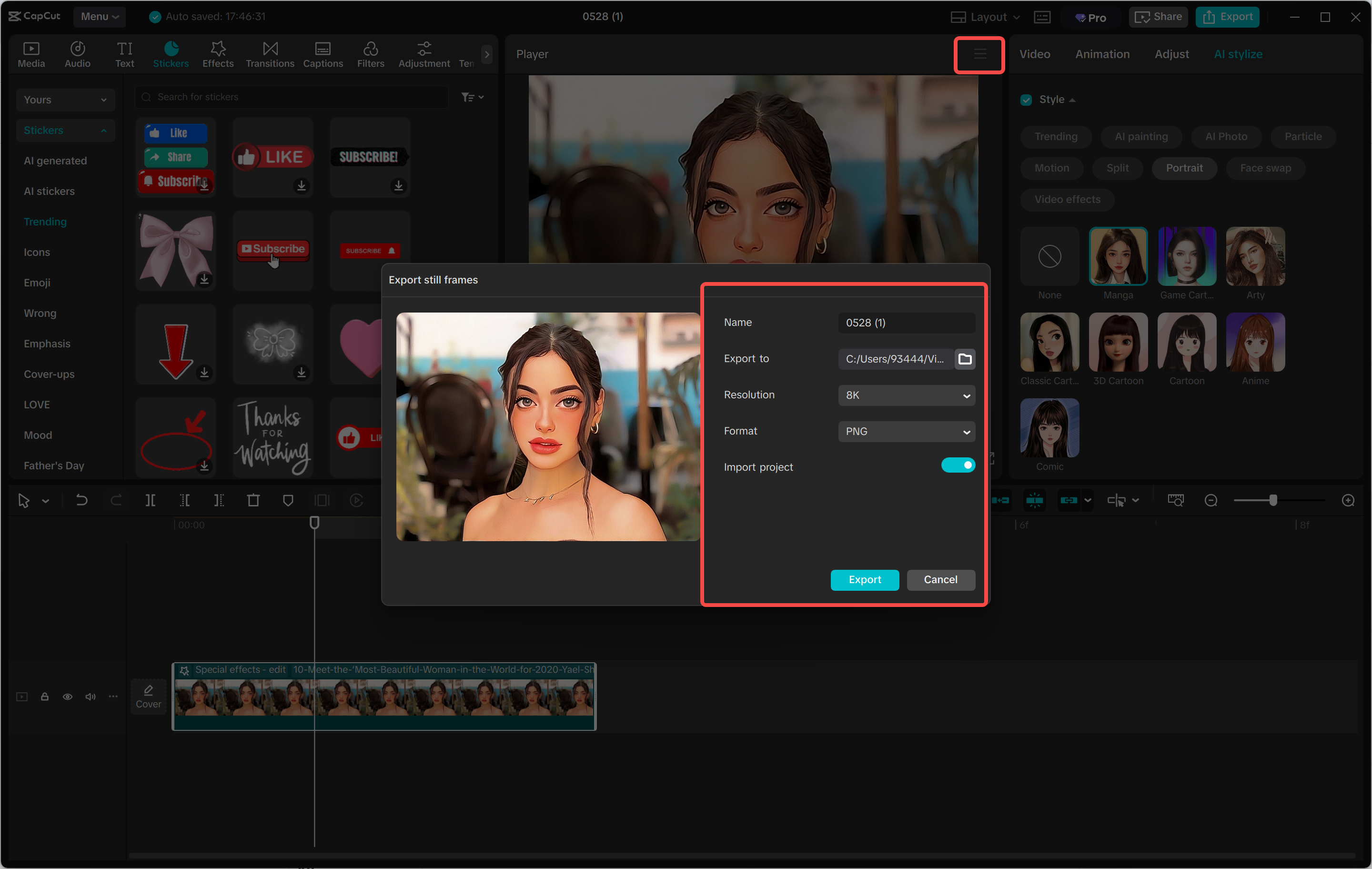 Exporting image from the CapCut desktop video editor