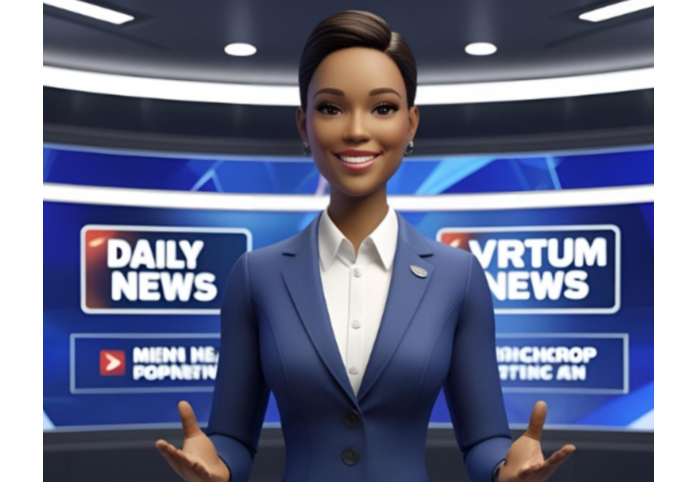 AI anchor presenting daily news headlines on a virtual screen