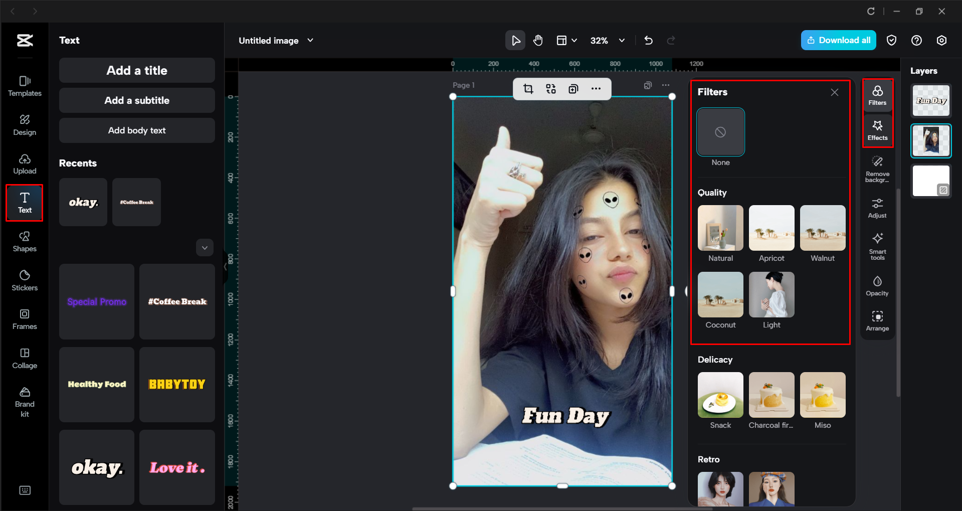 Applying filters and adding text to an image with the CapCut desktop video editor