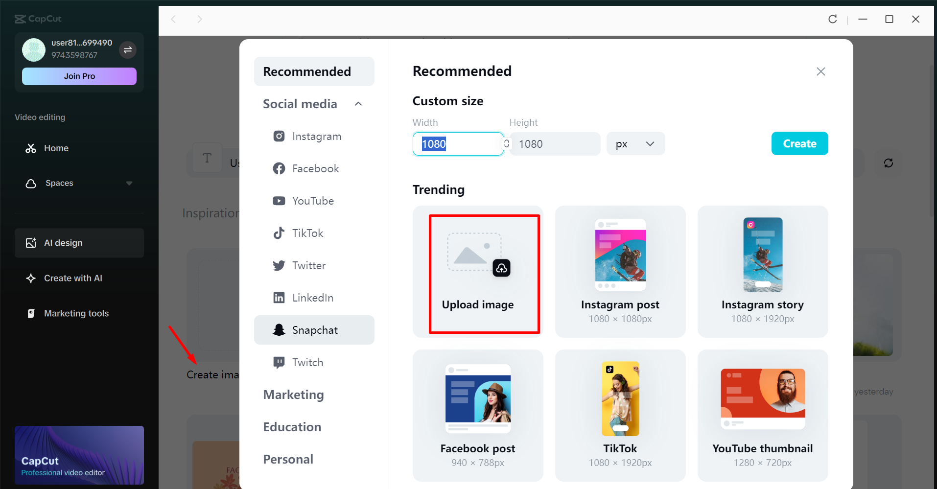 Accessing and uploading an image in AI design in the CapCut desktop video editor