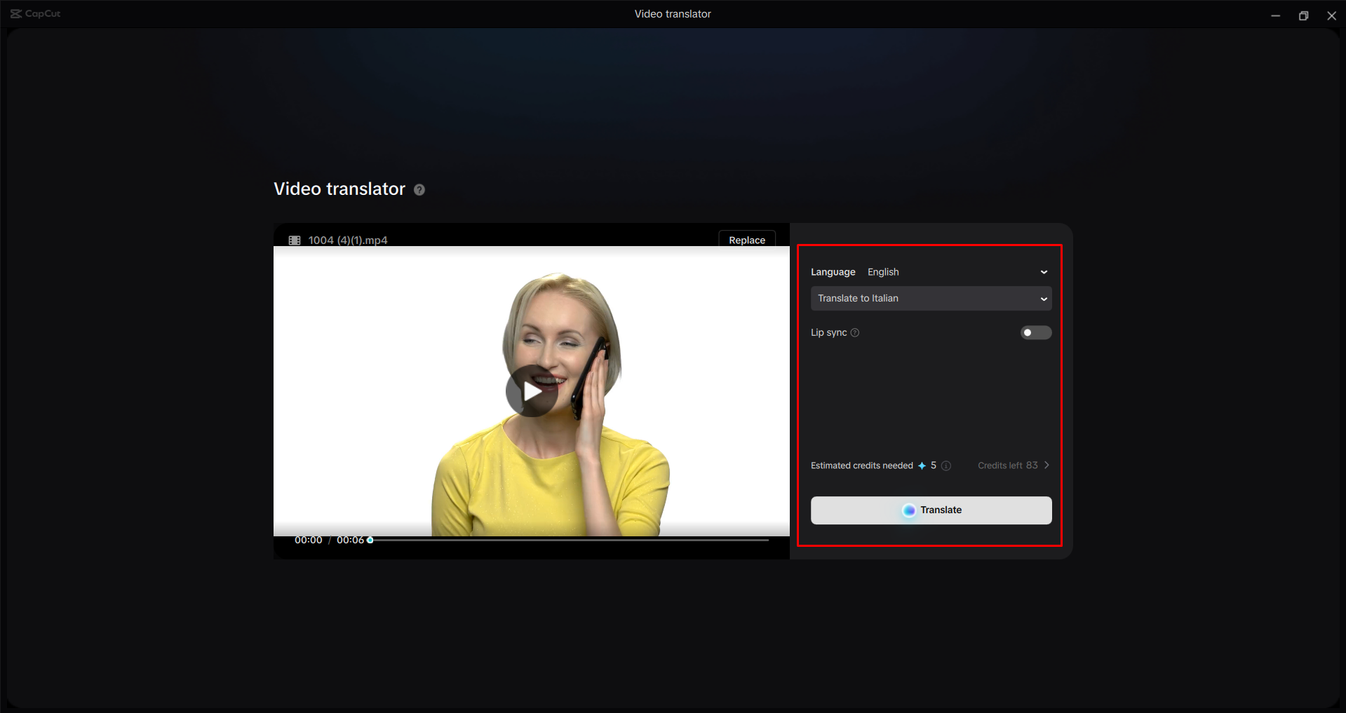 Uploading and translating a video in the CapCut desktop video editor