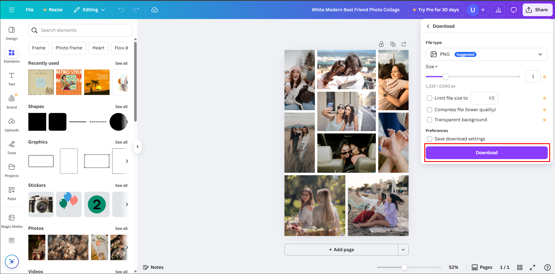 Guardar el collage de fotos desde Canva