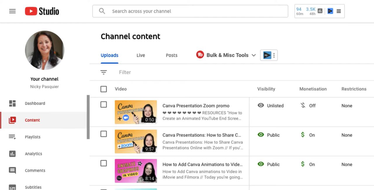 Selezionare il video in YouTube Studio