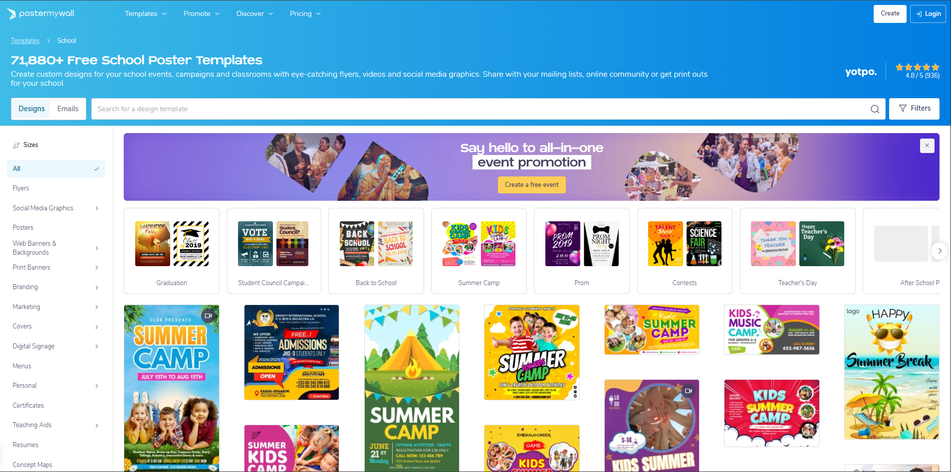 Interfaz de PosterMyWall: un buen recurso para carteles escolares