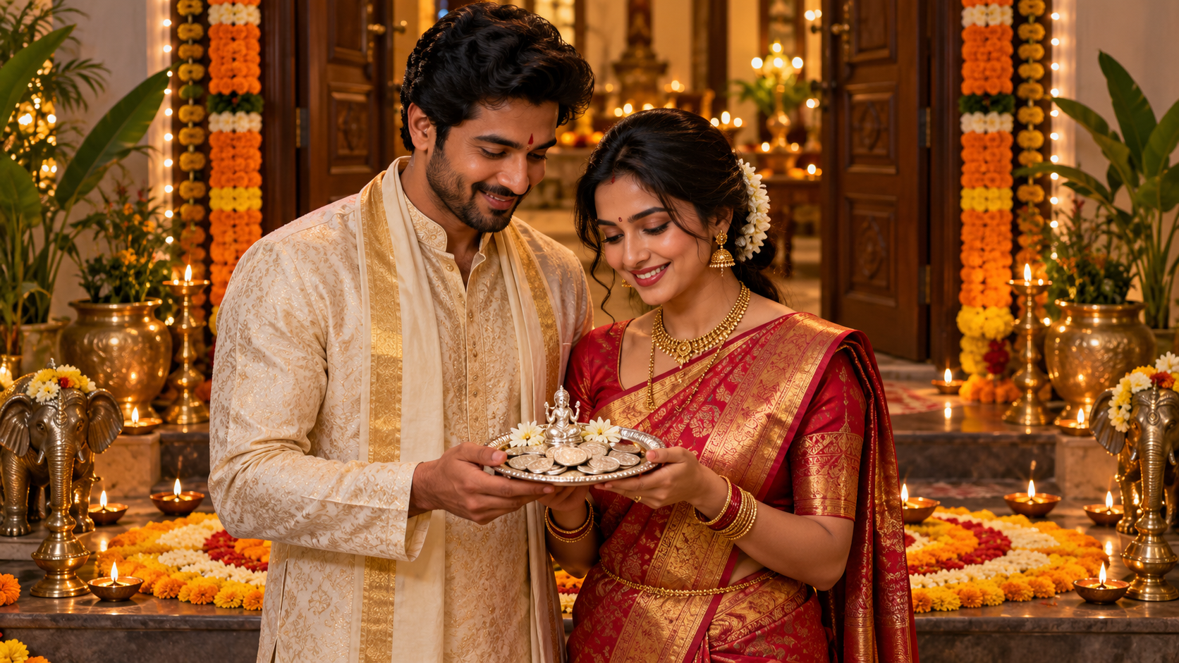 Dhanteras AI-fotomeddelanden: Silver Coin Family Portrait