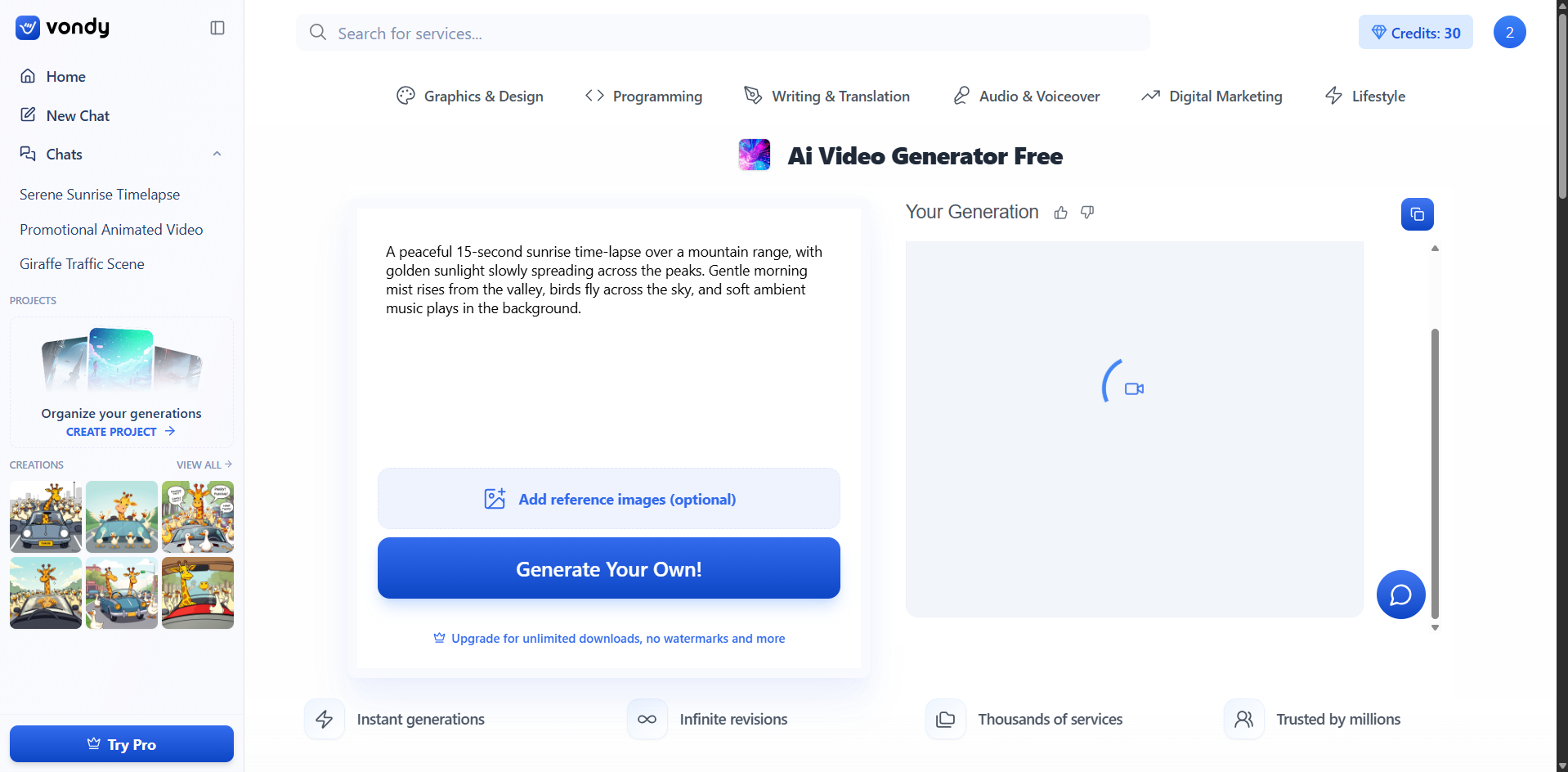 Interface of Vondy - the most liked video generator with no sign up