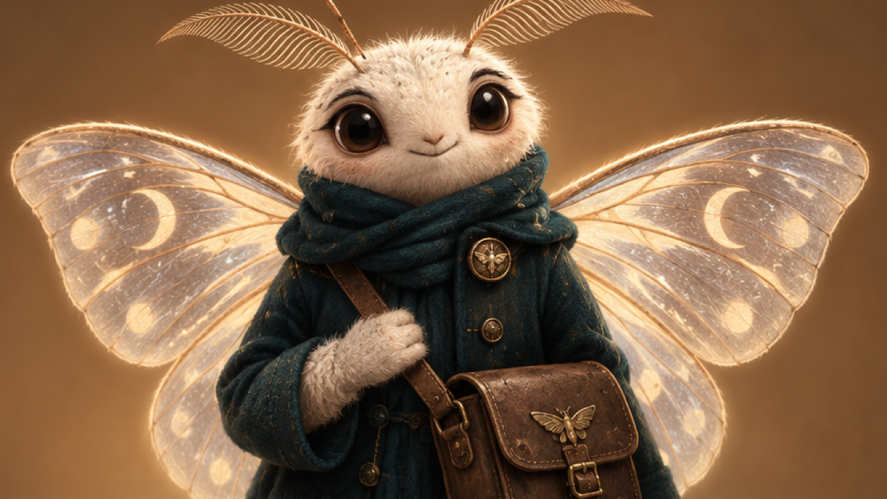 Tactile ivory moth courier in a teal scarf with luminous wings and brown messenger satchel.