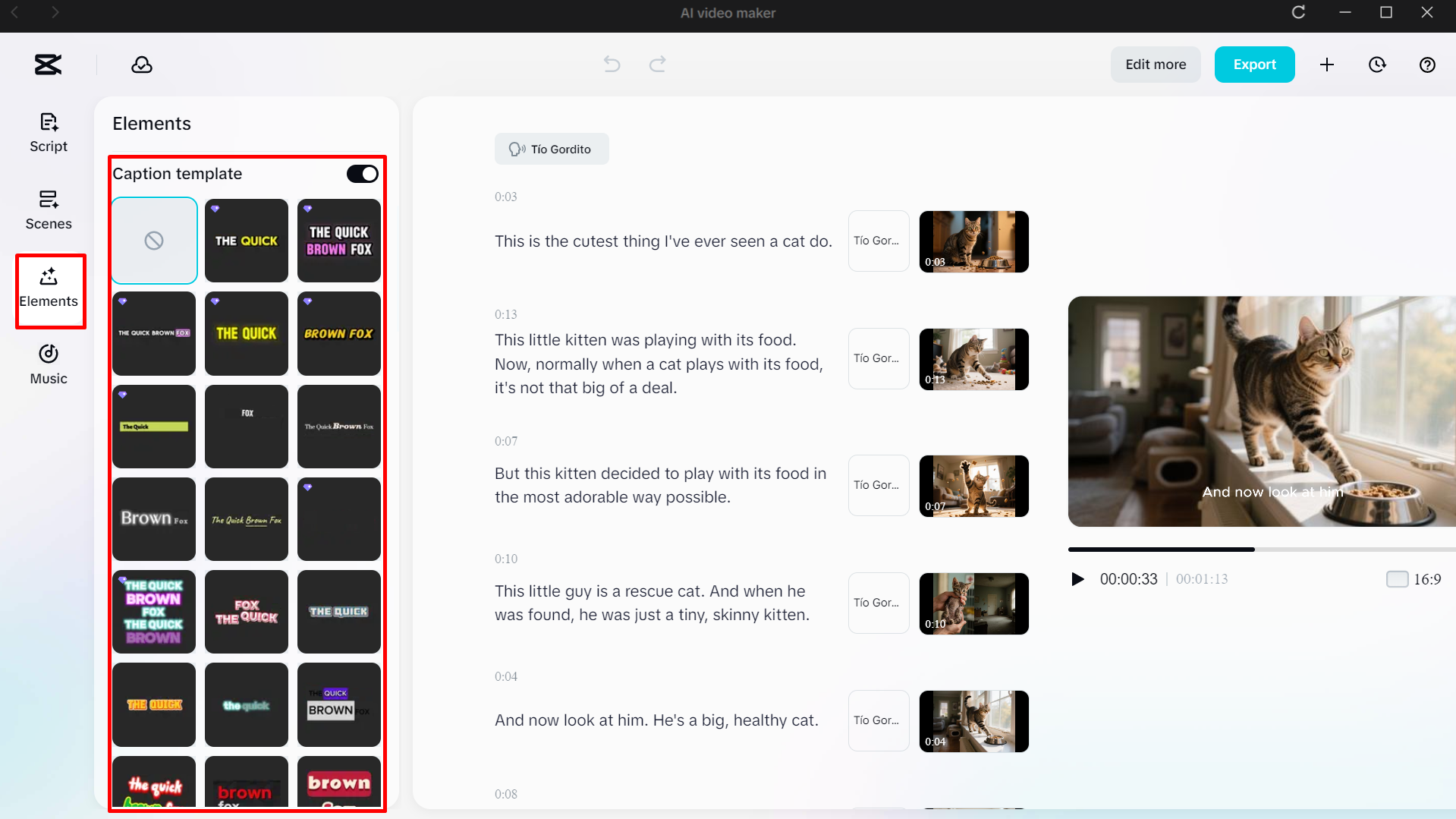 Selecting the caption templates