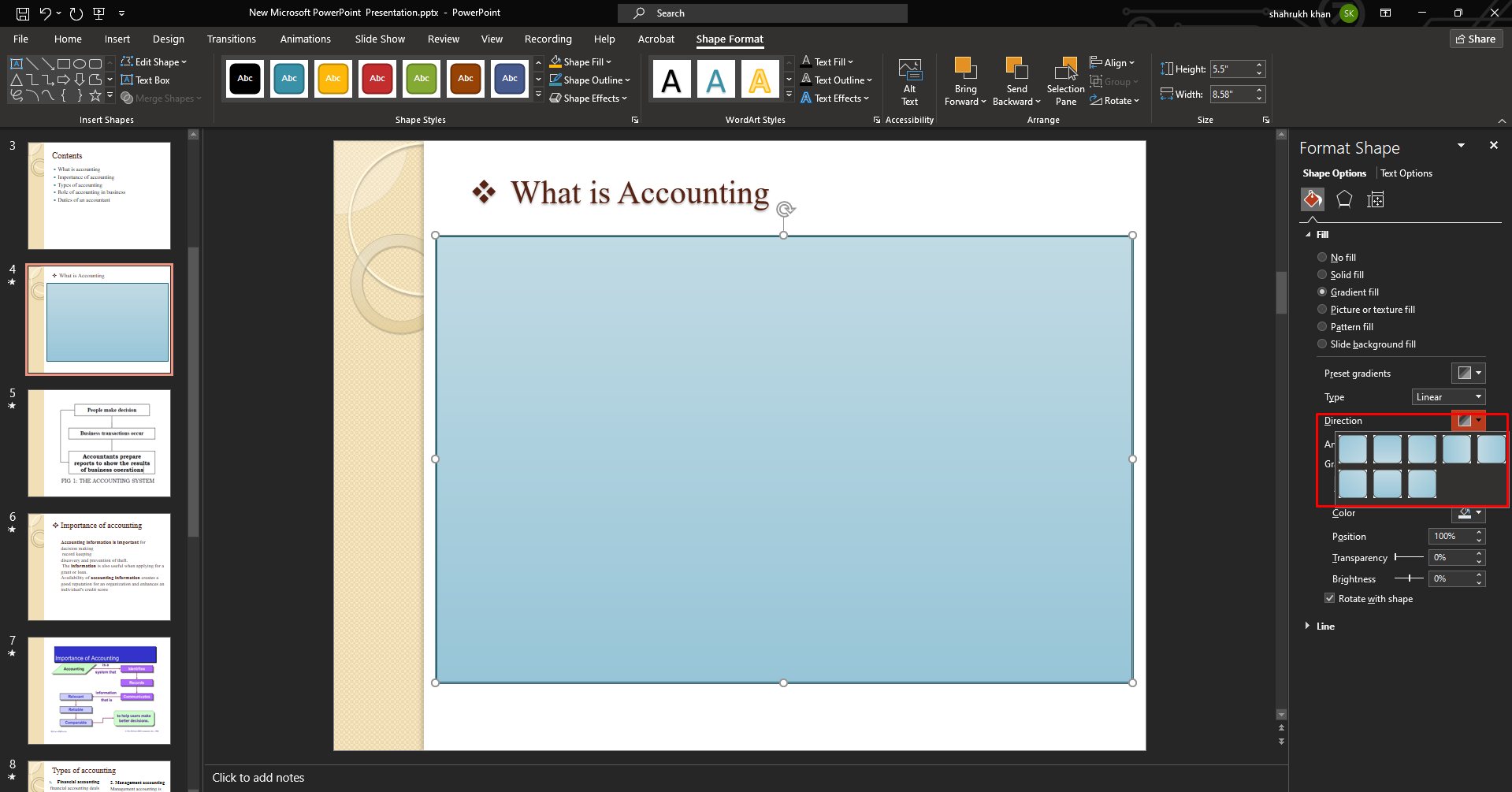 Set the gradient direction