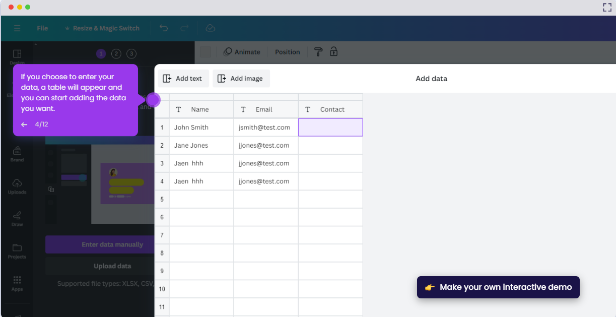 Upload the information to Canva's table